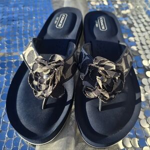 Coach Navy Floral Logo Sandals Slides Women’s Size 8 Signature Monogram